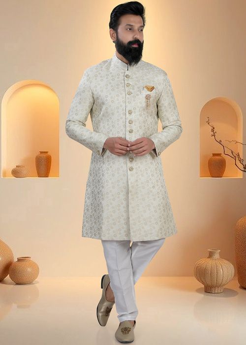 Cream Brocade Indo Western Sherwani With Woven Texture