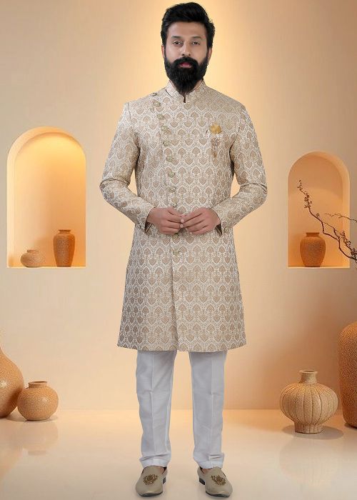 Gold Brocade Indo Western Sherwani With Woven Motifs