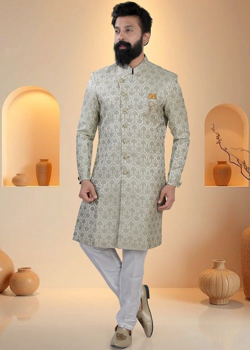 Green Indo Western Sherwani With Woven Finish