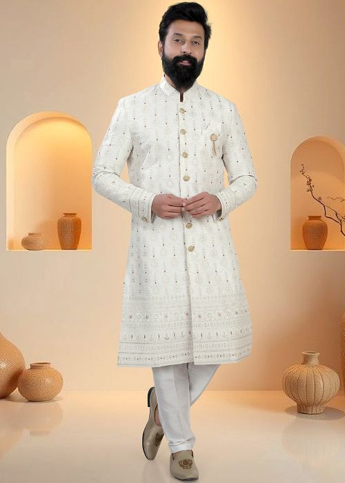 White Silk Sherwani With Fine Embroidered Detailing