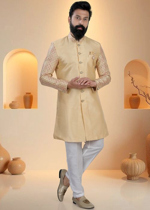 Golden Silk Indo Western Sherwani With Contrast Sleeves