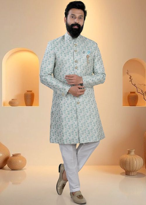 Mint Blue Indo Western Sherwani With Woven Motifs
