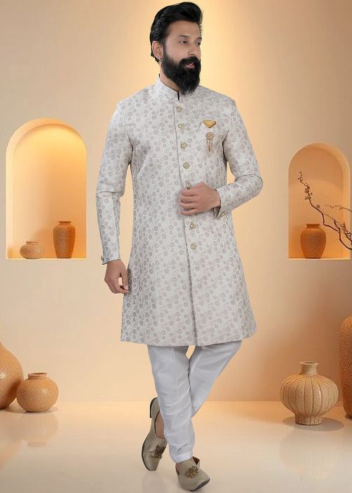 Pink Indo Western Sherwani With Subtle Woven Texture