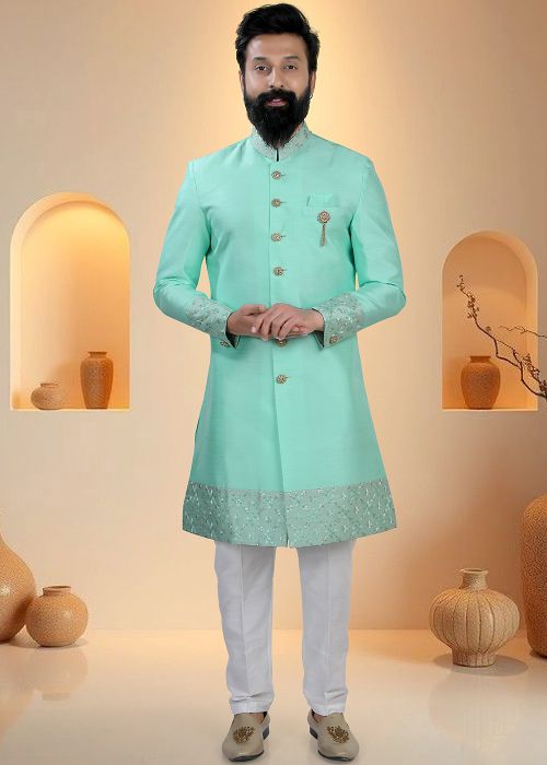 Turquoise Silk Indo Western Sherwani With Embroidery