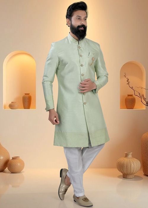 Pastel Green Indo Western Sherwani With Woven Hem