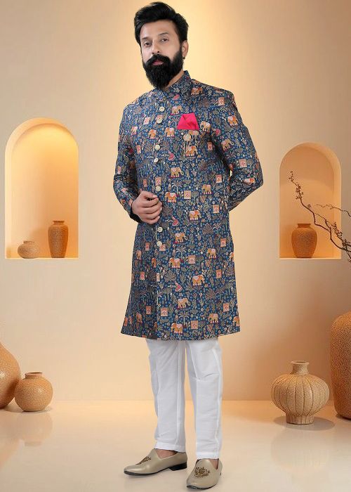 Navy Blue Indo Western Sherwani With Heritage Woven