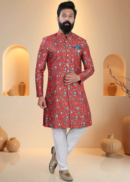 Red Indo Western Sherwani With Traditional Woven Motifs