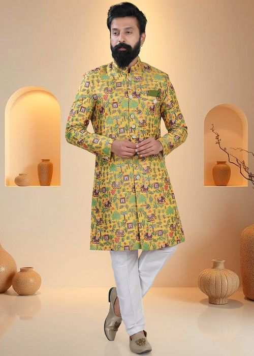 Mustard Yellow Sherwani With Folk Woven Motifs