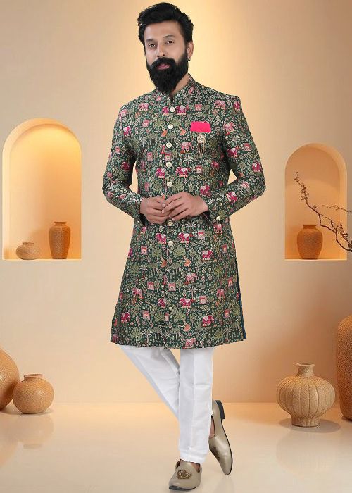 Dark Green Indo Western Sherwani With Traditional Woven Motifs