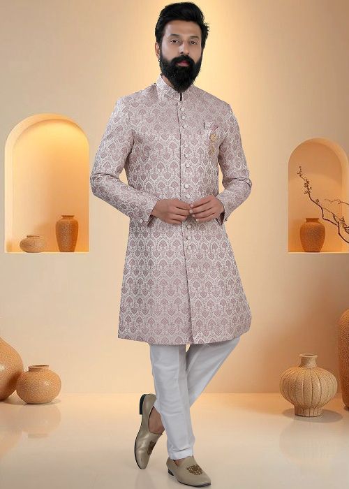 Dusty Pink Indo Western Sherwani With Woven Pattern