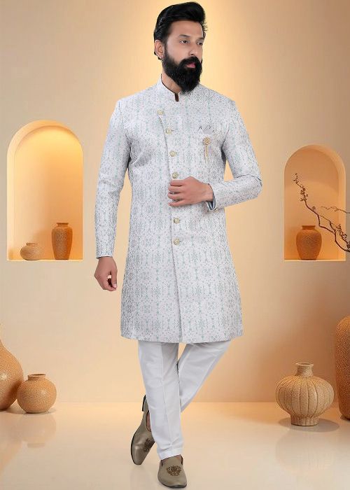 Ice Blue Indo Western Sherwani With Woven Detailing