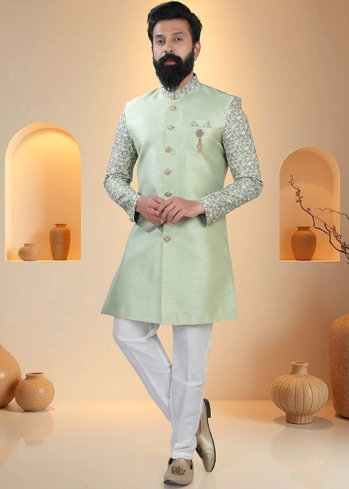 Pastel Green Indo Western Sherwani With Printed Sleeves