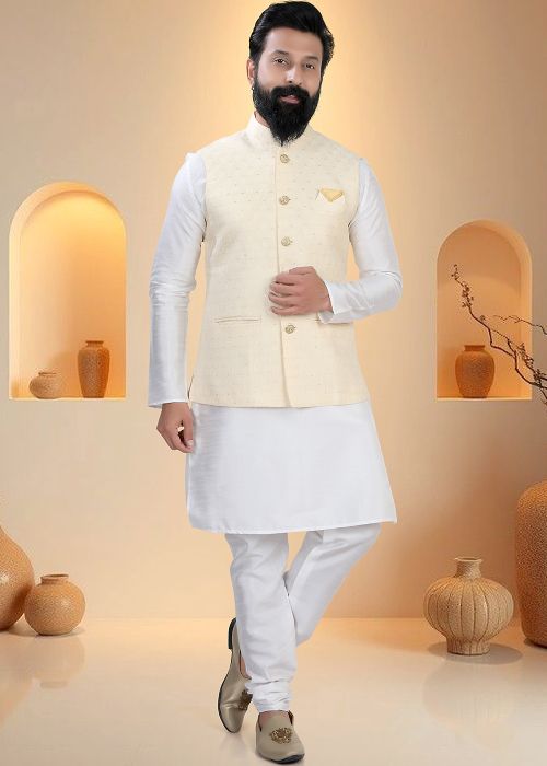 White Silk Kurta Pajama With Subtle Sequin Jacket