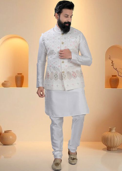 White Kurta Pajama With Threaded Jacket Border