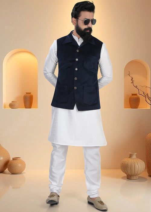White Silk Kurta Pajama With Solid Nehru Jacket