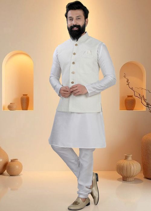White Silk Kurta Pajama With Classic Nehru Jacket