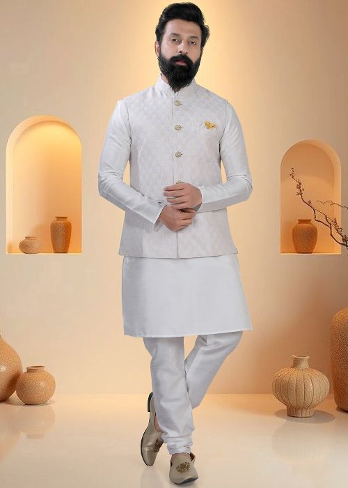 White Silk Kurta Pajama With Textured Jacket