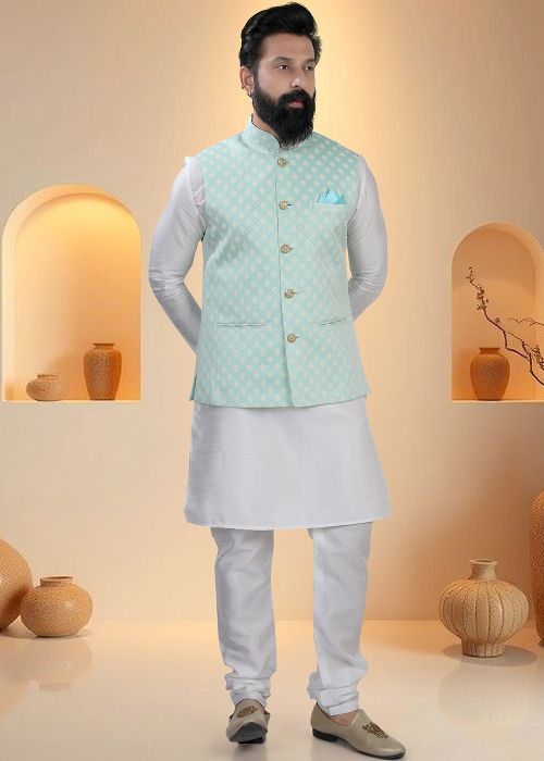 White Silk Kurta Pajama With Woven Nehru Jacket