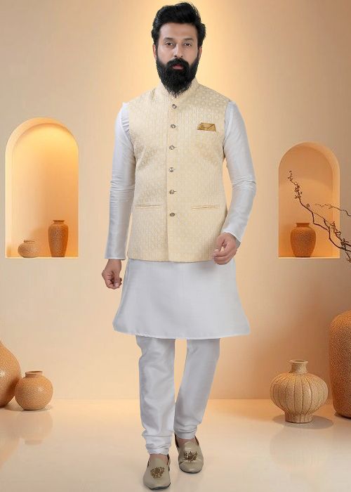 Yellow Silk Kurta Pajama With Woven Nehru Jacket
