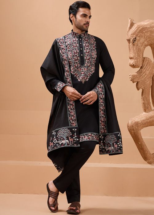 Black Viscose Kurta With Embroidered Stole