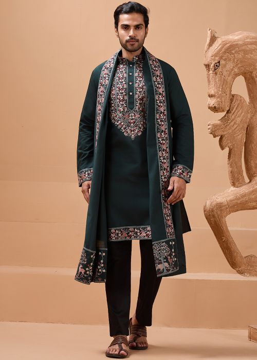 Bottle Green Viscose Kurta With Floral Stole
