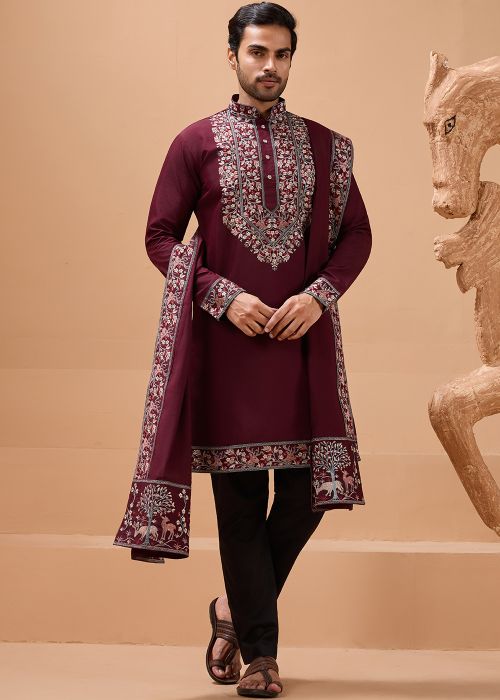 Maroon Viscose Kurta With Embroidered Stole