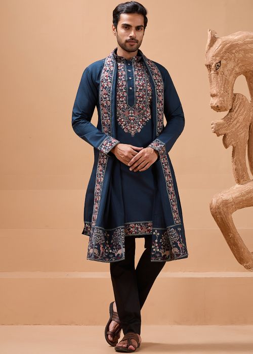 Teal Blue Viscose Kurta With Thread Work