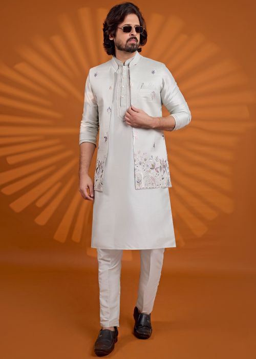 Light Green Art Silk Kurta Pajama With Nehru Jacket