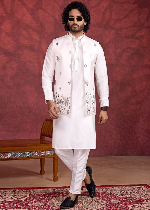Off White Art Silk Kurta Pajama Jacket Set