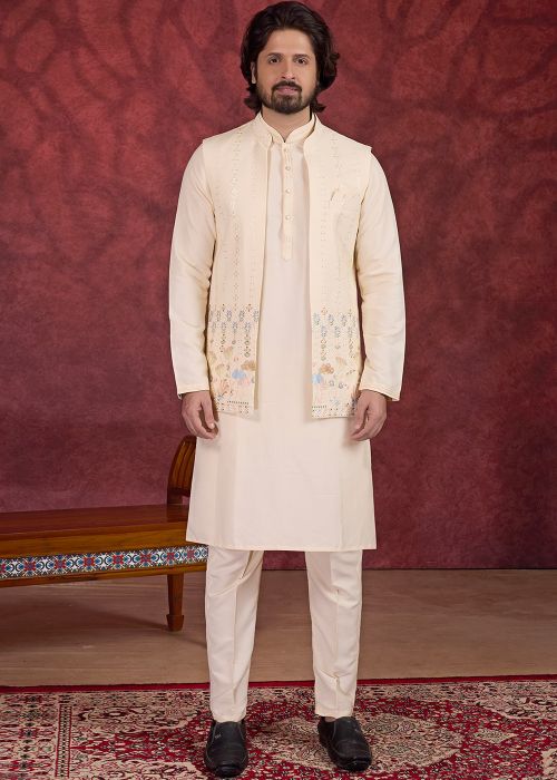 Peach Art Silk Kurta Pajama With Embroidered Jacket