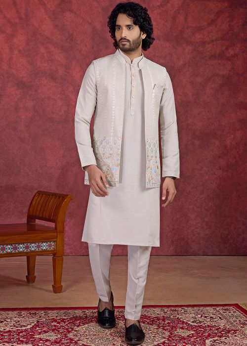 Grey Art Silk Kurta Pajama With Nehru Jacket