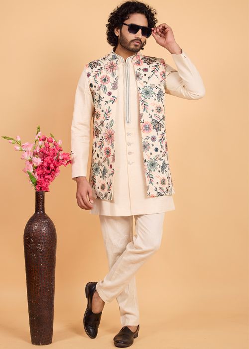 Cream Floral Art Silk Indo Western Sherwani