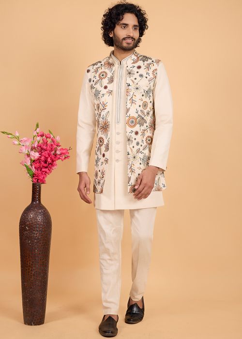 Cream Floral Indo Western Sherwani With Jacket