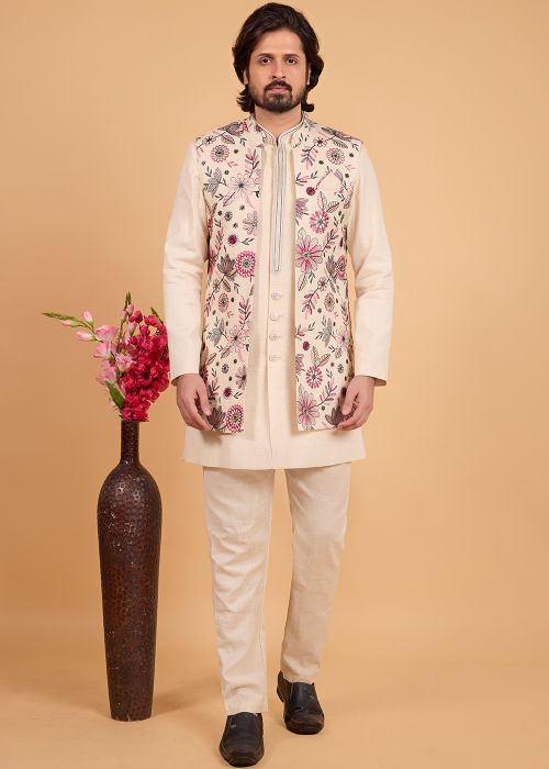 Cream Art Silk Jacketed Indo Western Sherwani