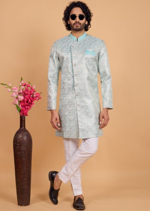 Mint Blue Zari Woven Indo Western Sherwani