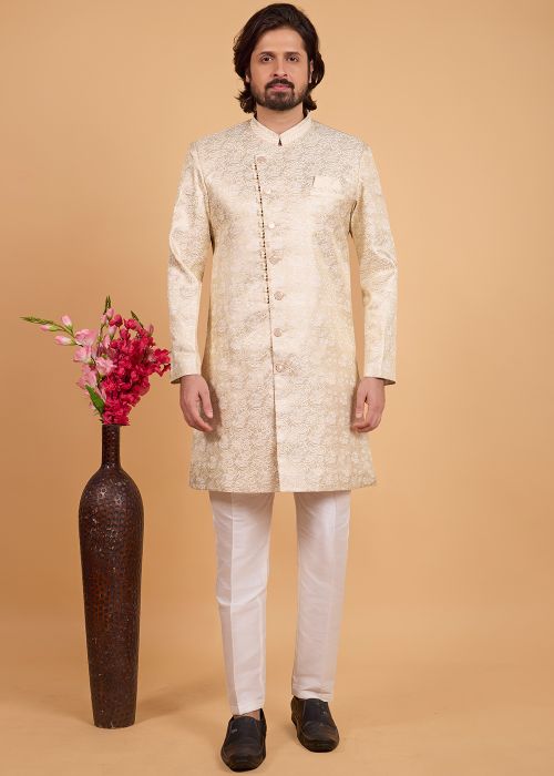 Golden Zari Woven Art Silk Indo Western Sherwani