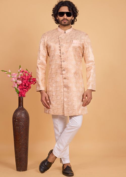 Peach Zari Woven Indo Western Sherwani