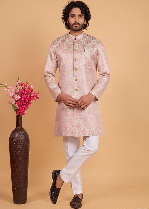 Rose Pink Zari Woven Art Silk Sherwani