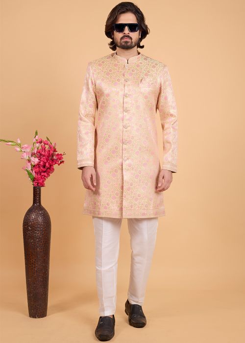 Peach Zari Woven Indo Western Sherwani