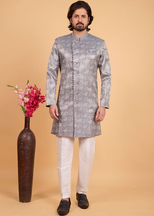 Steel Grey Zari Woven Indo Western Sherwani