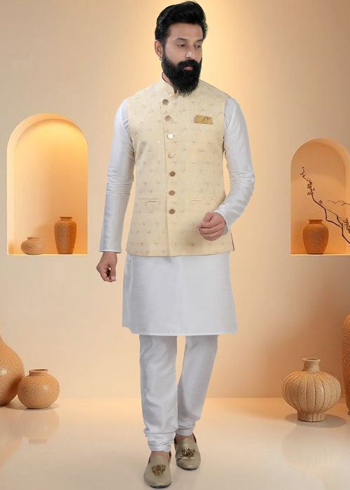 White Silk Kurta Pajama With Embroidred Jacket