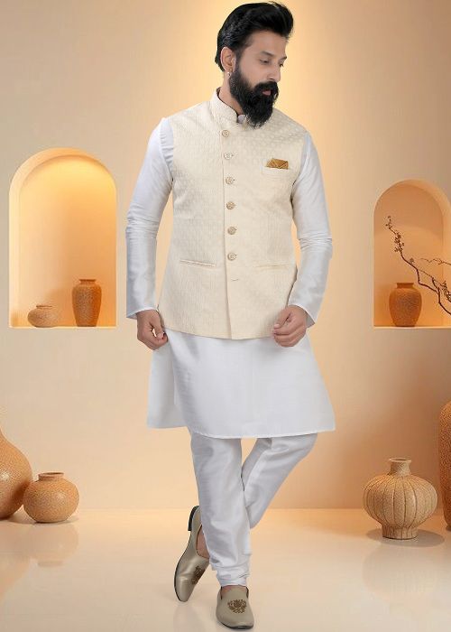 White Silk Kurta Pajama With Textured Nehru Jacket