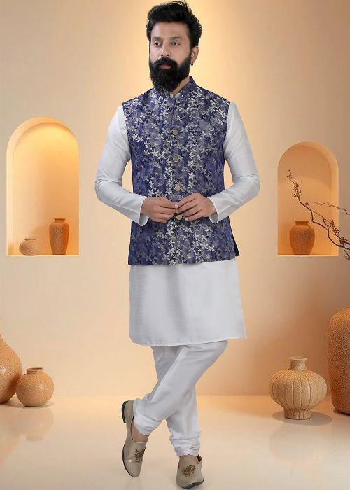 White Silk Kurta Pajama With Floral Nehru Jacket