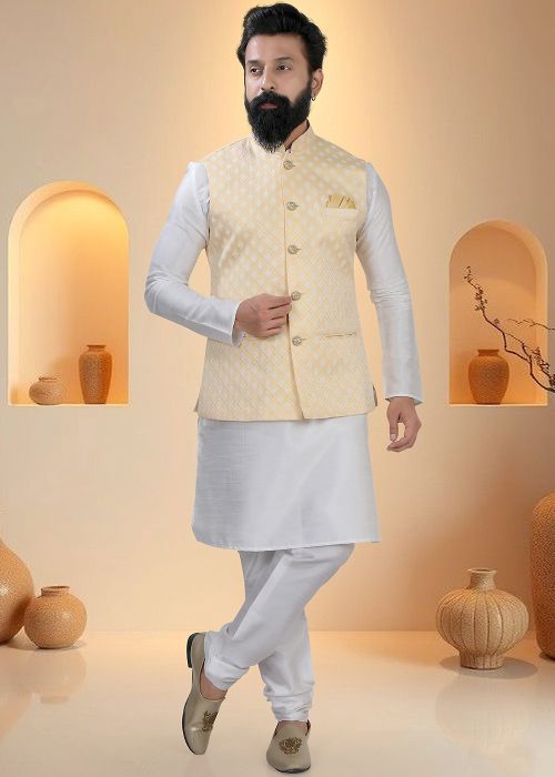 White Silk Kurta Pajama With Woven Jacket