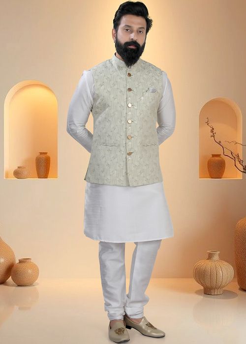 White Silk Kurta Pajama With Minimal Jacket