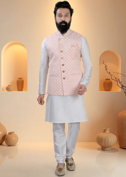 White Silk Kurta Pajama With Geometric Jacket