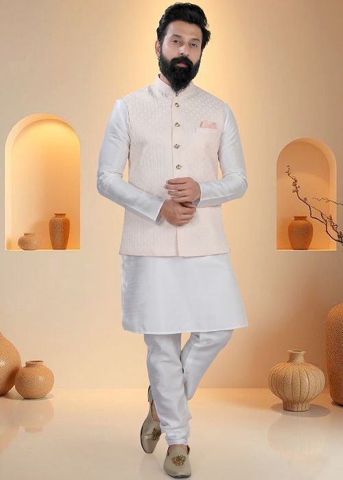 White Silk Kurta Pajama With Subtle Woven Jacket