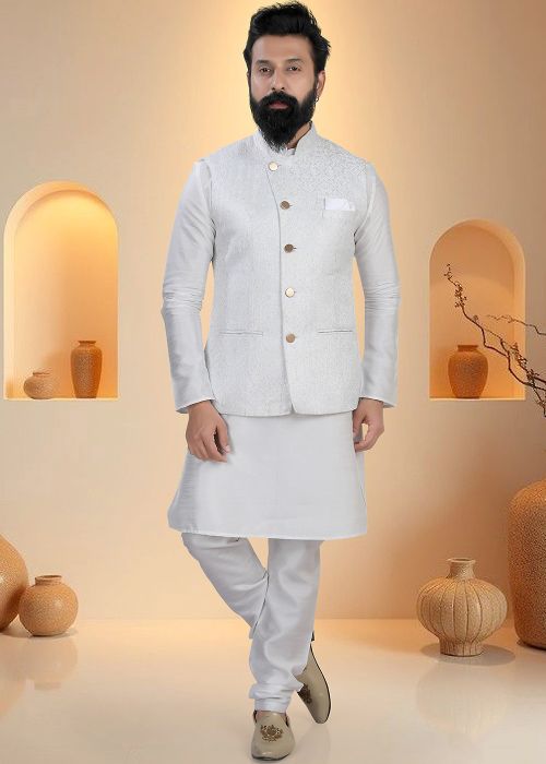 White Silk Kurta Pajama With Textured Jacket