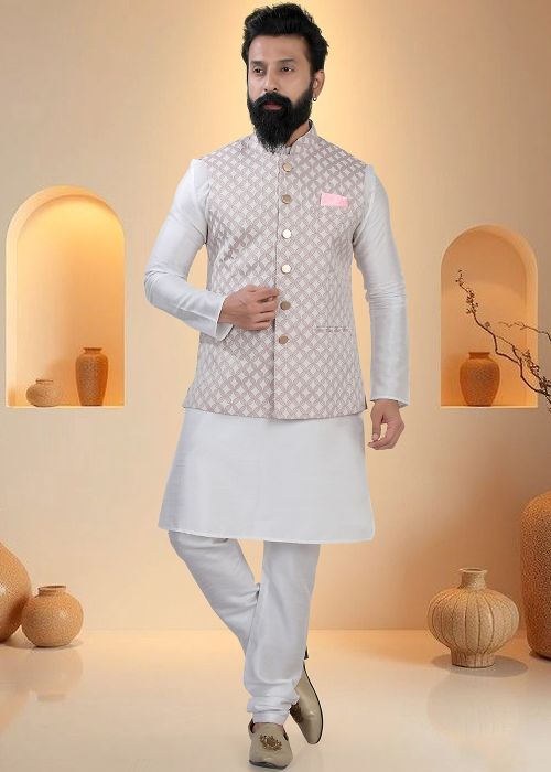 White Silk Kurta Pajama With Geometric Nehru Jacket