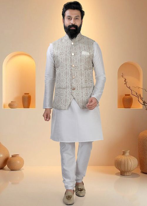 White Silk Kurta Pajama With Floral Textured Jacket